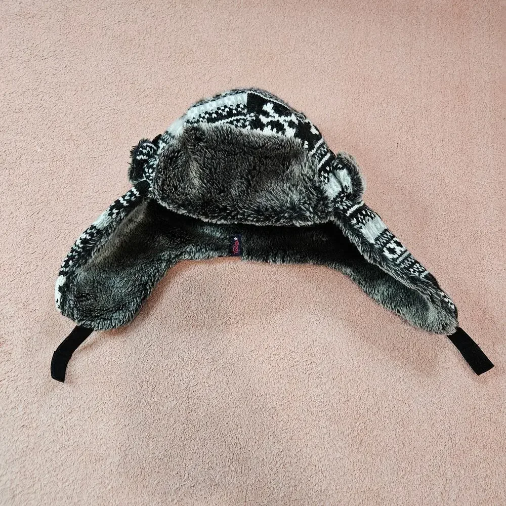 Toby Boys Black White Skull Fair Isle Knit Faux Fur Trapper Bomber Hat size 4-20